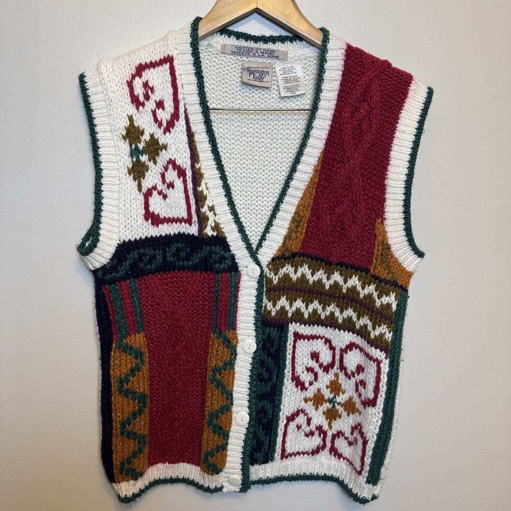 Vtg Huntington‎ Ridge Cardigan Vest Hand Knit Cottage Core Holiday Festive L